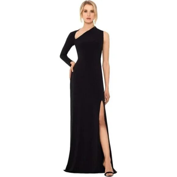 BETSY & ADAM Asymmetric Single Long Sleeve Gown in Black Size US 8 - Picture 15 of 15